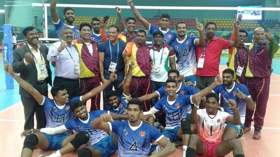 Sri Lankan volleyball team celebrating at the South Asian Games